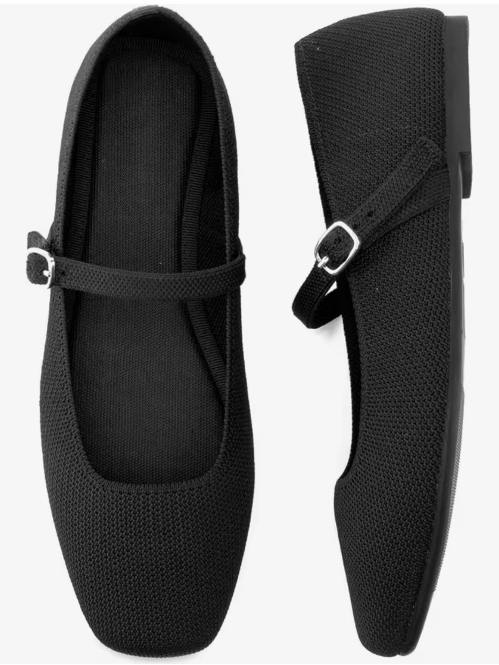 Minimalist Black Knit Mary Jane Ballet Flats | Square Toe [7]